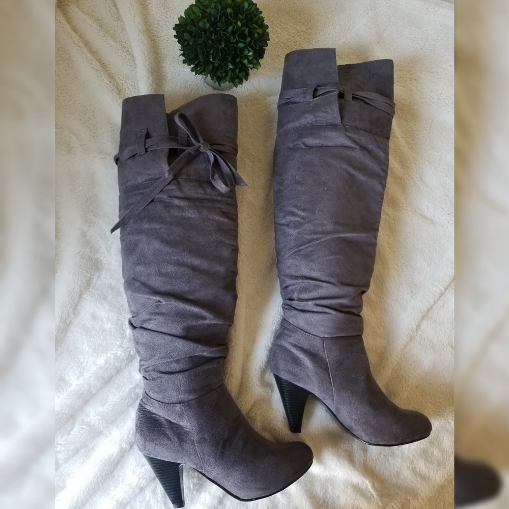 Tall gray faux suede boots